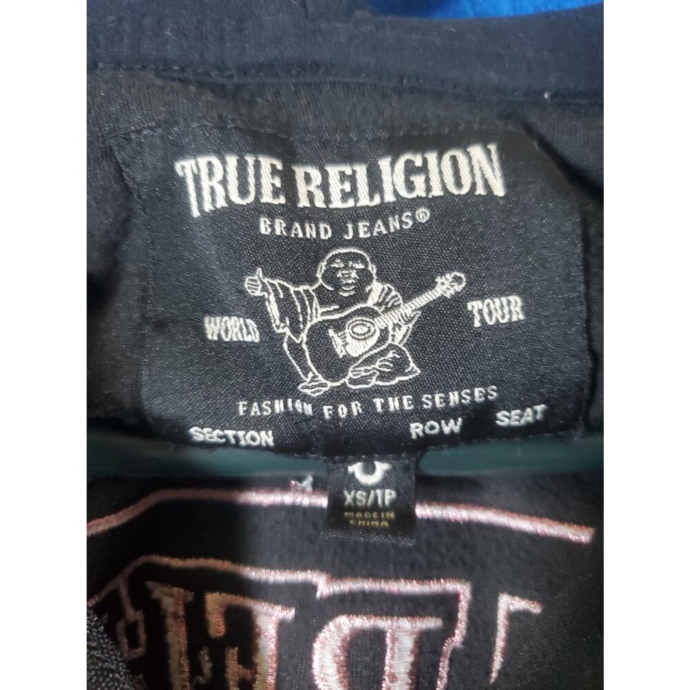 True Religion Womens Velour Zip Up Hoodie Black Pink Crystal Buddha Shrunken XS - Picture 3 of 16